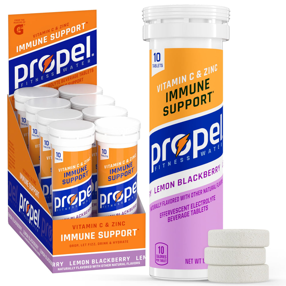 Propel Immune Support Tablets bottle with Lemon Blackberry flavor offering convenient hydration support.