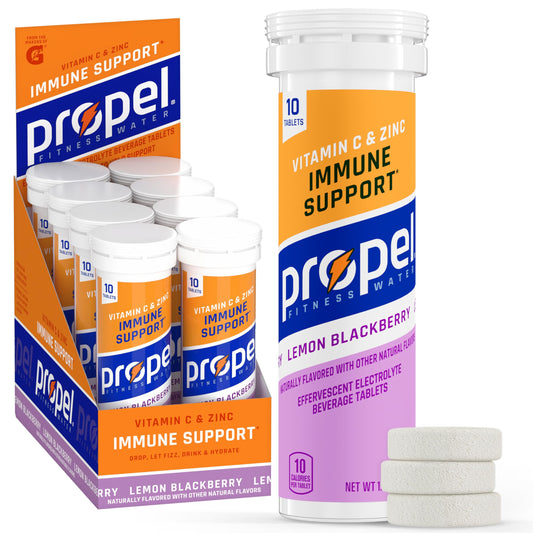 Propel Immune Support Tablets bottle with Lemon Blackberry flavor offering convenient hydration support.