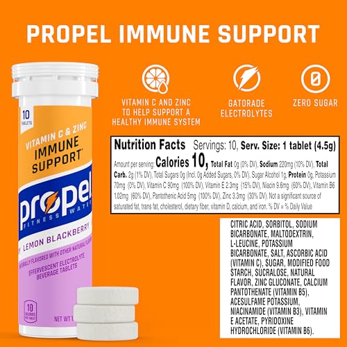 Propel Immune tablets dissolving in water for quick hydration and flavor.
