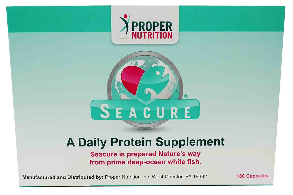 Proper Nutrition Seacure blister pack showing 180 capsules, a pre-digested fish protein source.