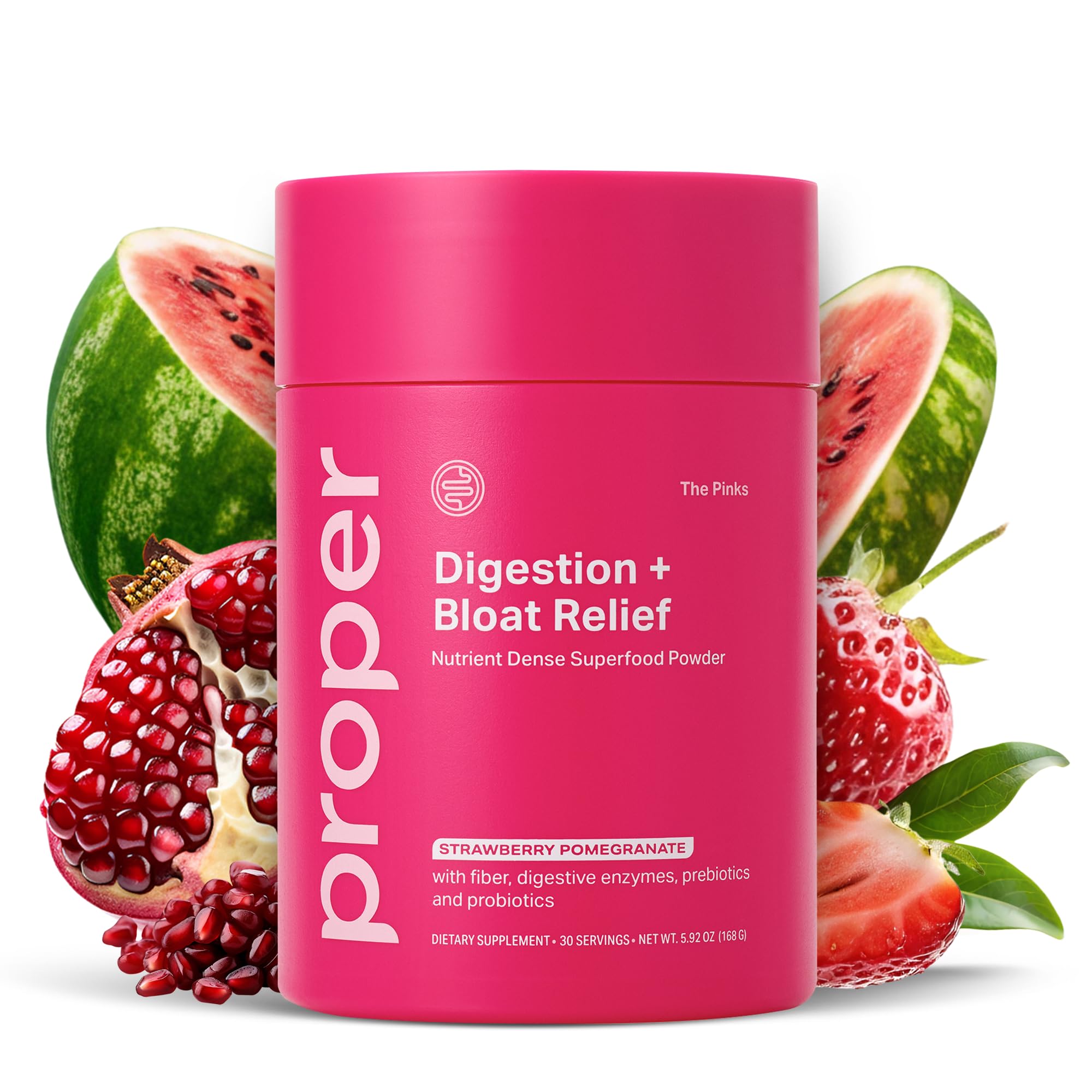 Proper The Pinks digestion powder tub front for convenient daily gut support.