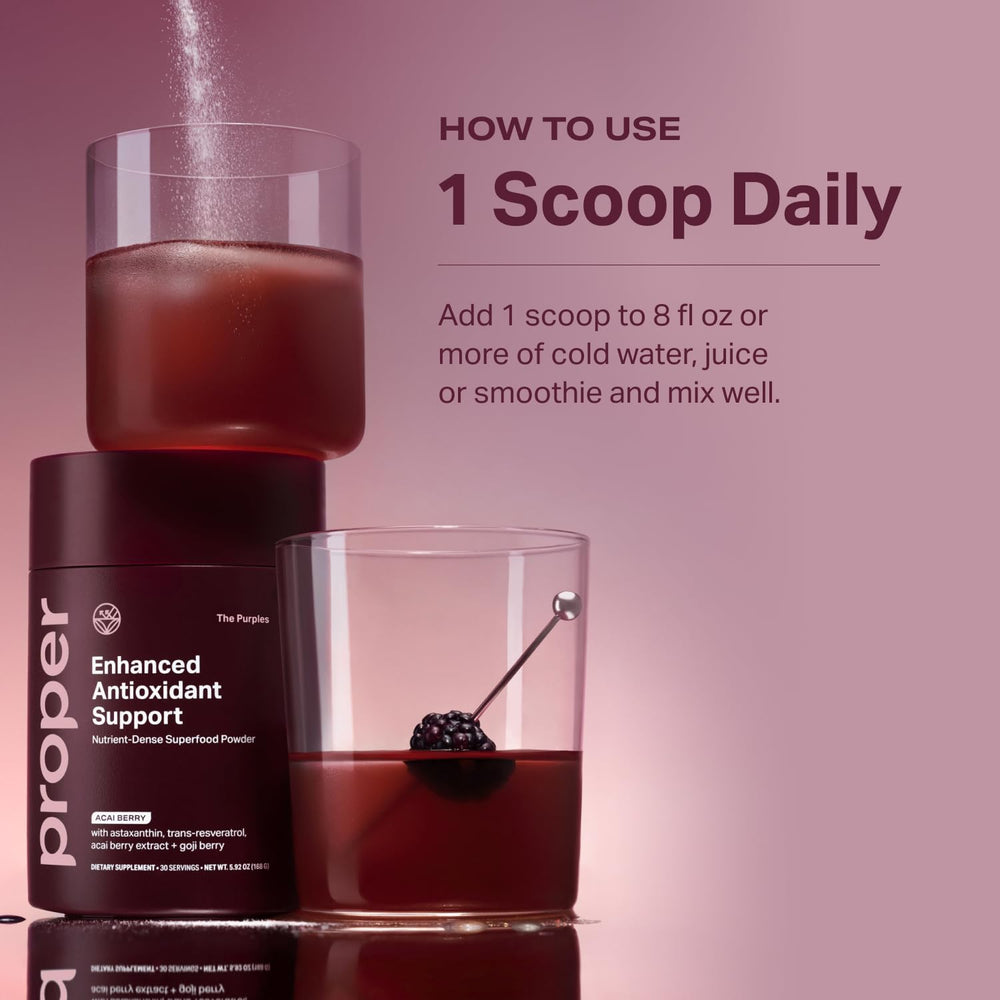 Proper The Purples berry blend visuals, suggesting antioxidant-rich wellness support.