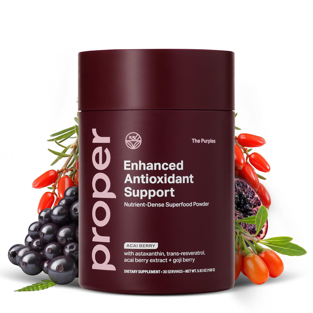 Proper The Purples tub front with label, highlighting antioxidant-rich berry blend.