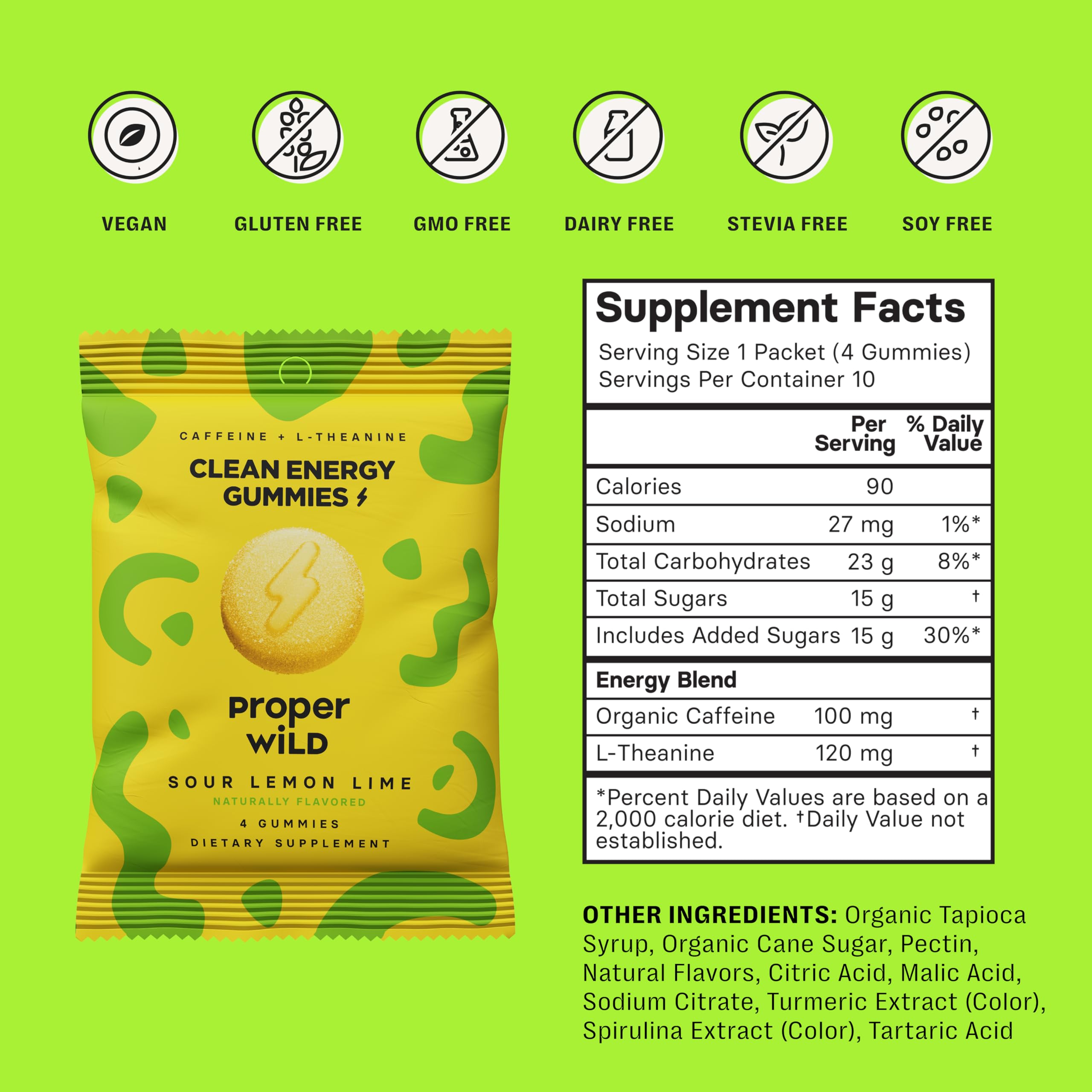 Proper Wild energy gummies closeup shows L-theanine and caffeine balance.
