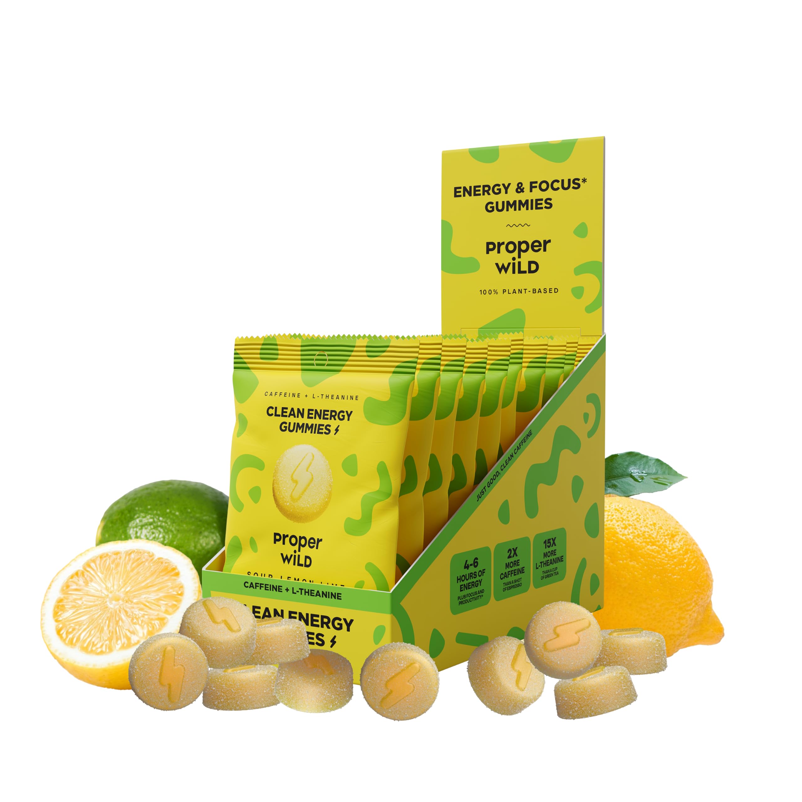 Proper Wild vegan energy gummies lemon lime bottle for on-the-go focus.