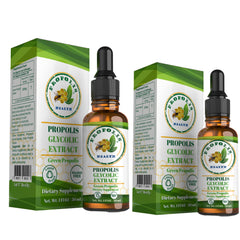 Propolis Health bottle on wood counter suggests daily wellness ritual.