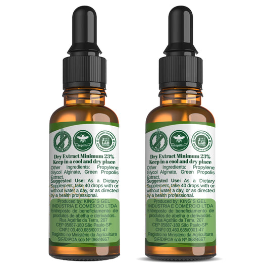 Propolis Health liquid drops closeup highlights potent texture for easy dosing.