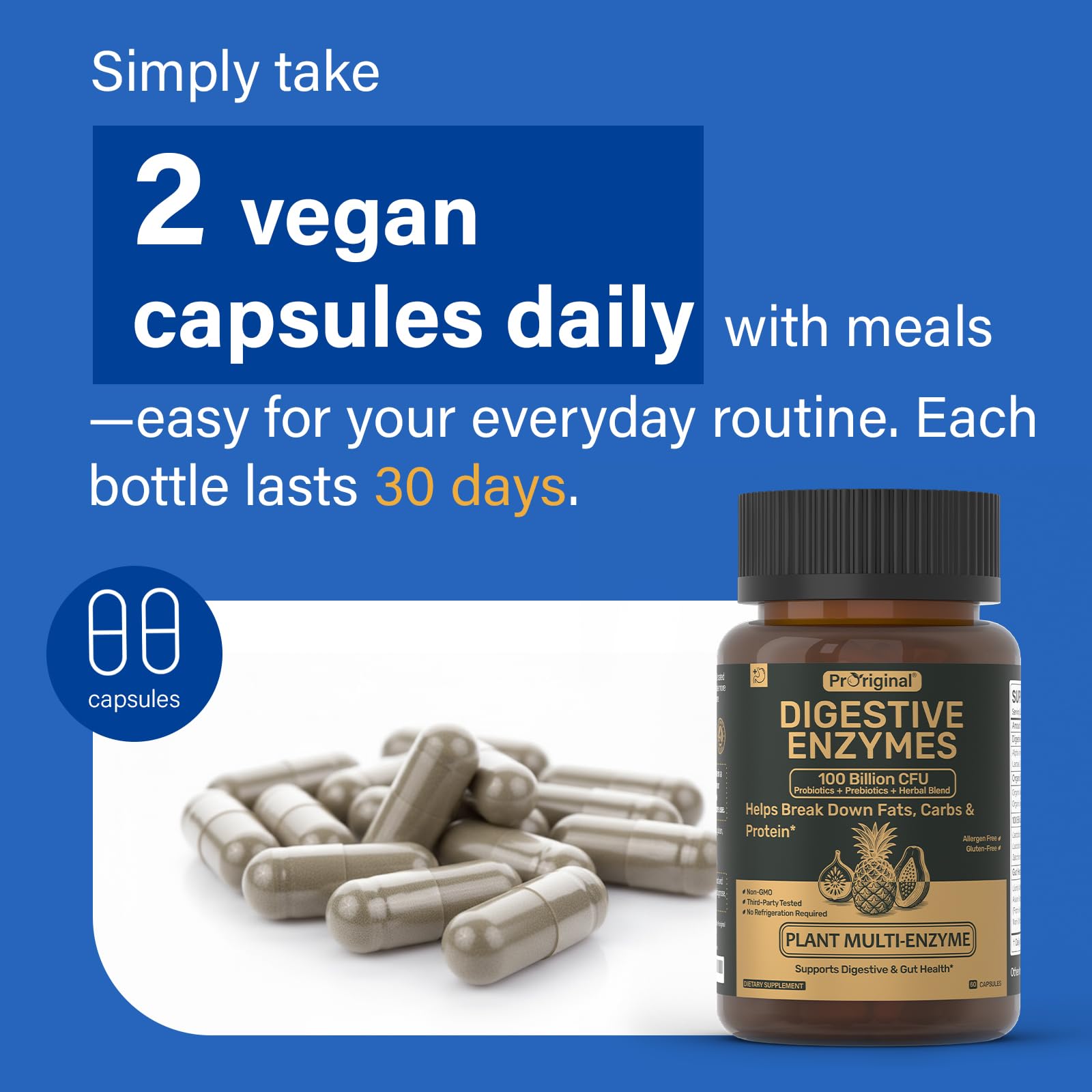 Proriginal Digestive Enzymes packaging—vegan, gluten-free, dairy-free formulation.