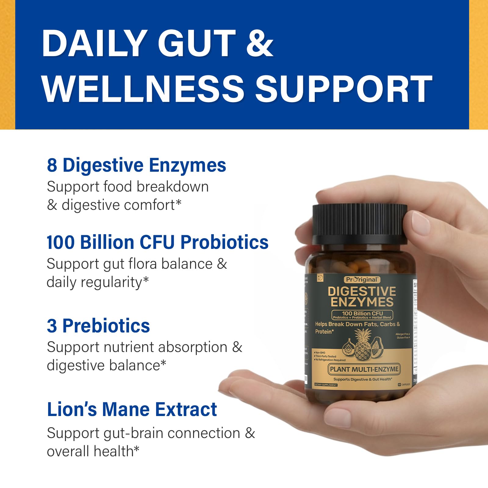 Proriginal Digestive Enzymes probiotic closeup—high CFU for balanced digestion.
