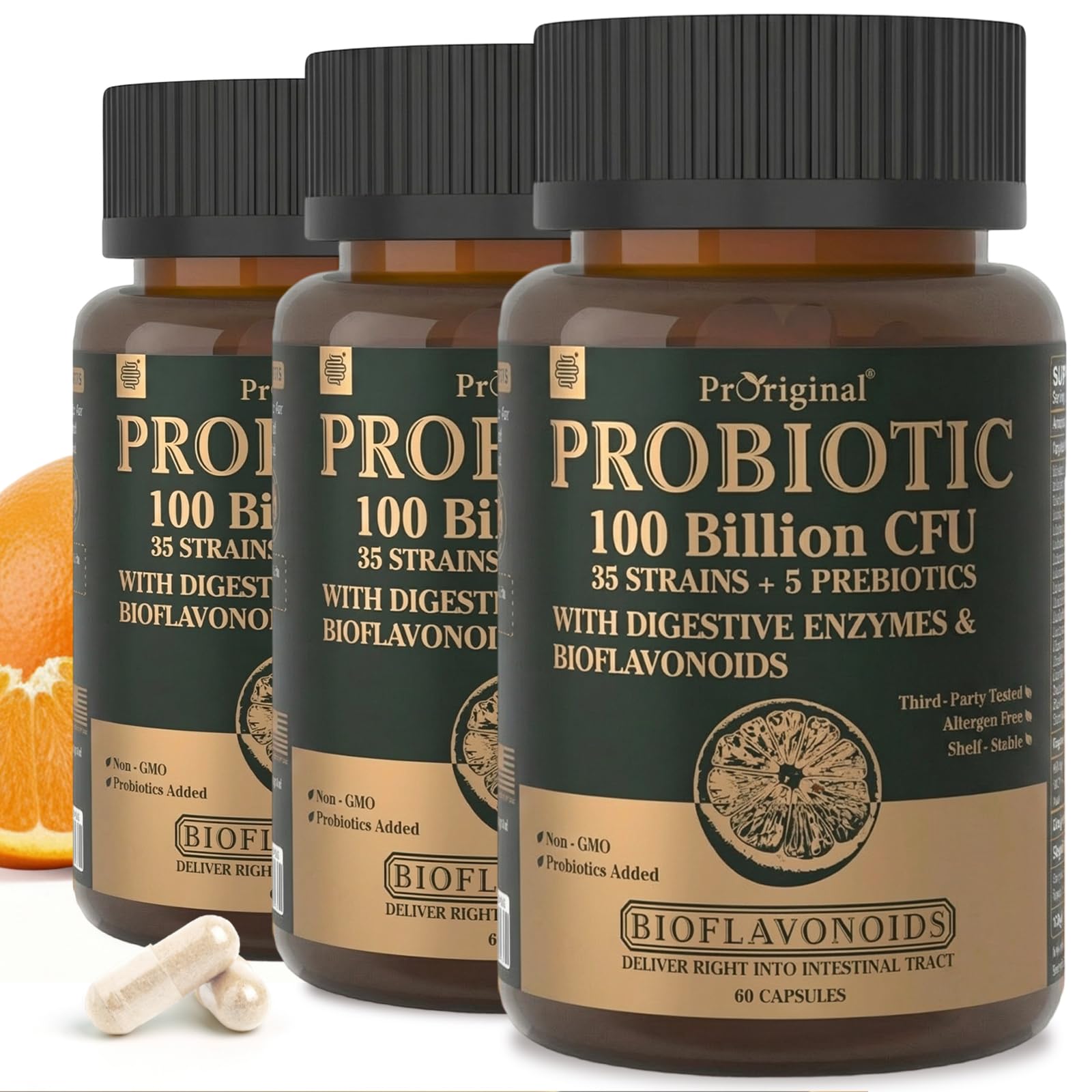 Proriginal Probiotics bottle pouring capsules for daily gut balance.