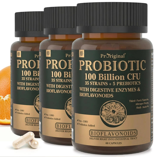 Proriginal Probiotics bottle pouring capsules for daily gut balance.