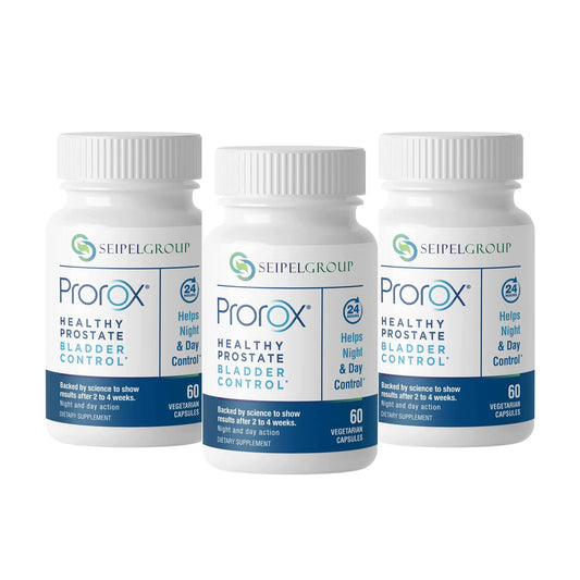 PROROX bottle close-up showing dual-action bladder and prostate support