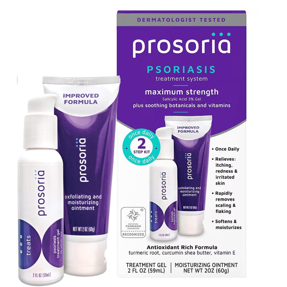 Prosoria treatment system bottle and tubes for daily psoriasis management.