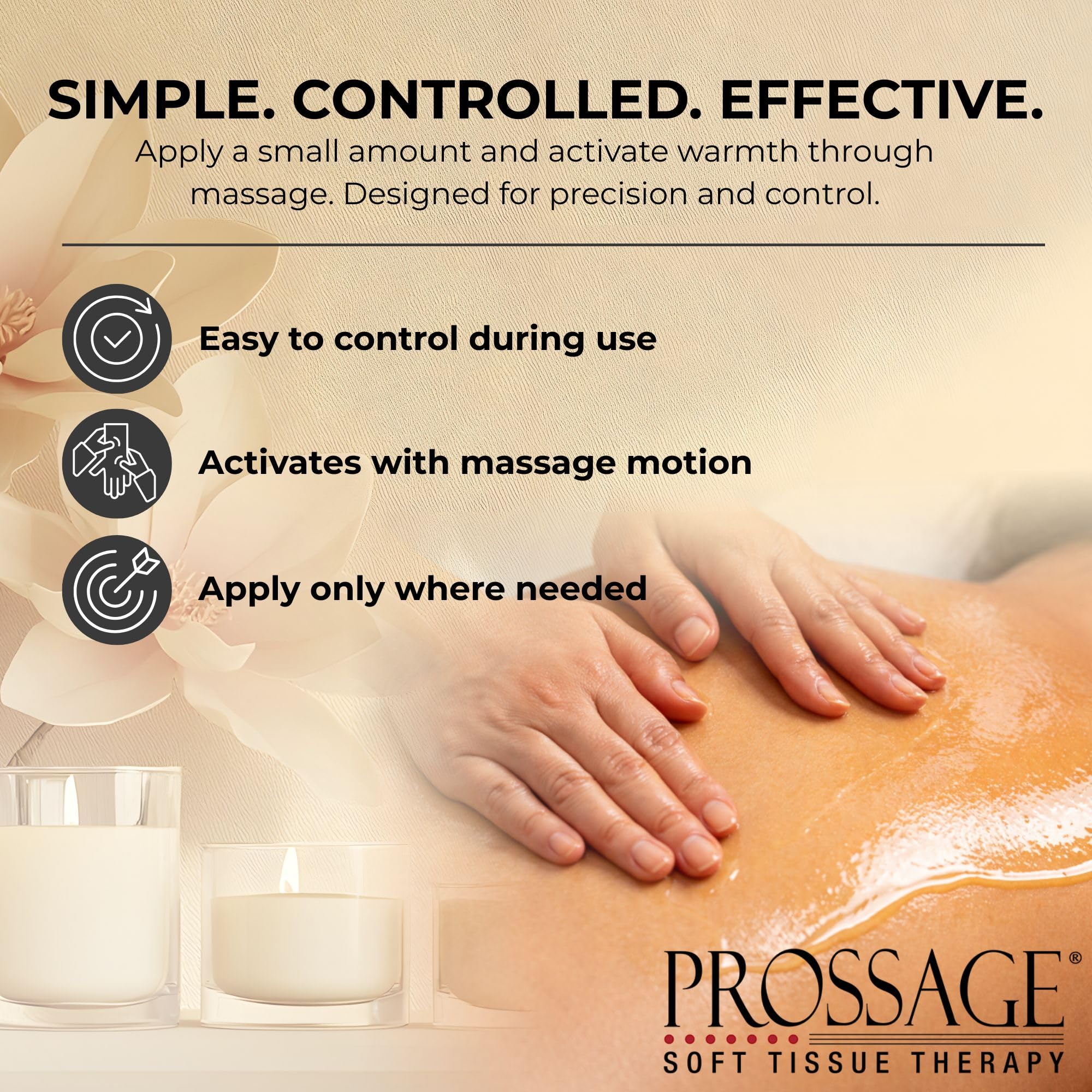 Close-up of hands applying Prossage Heat Oil for warming relief.