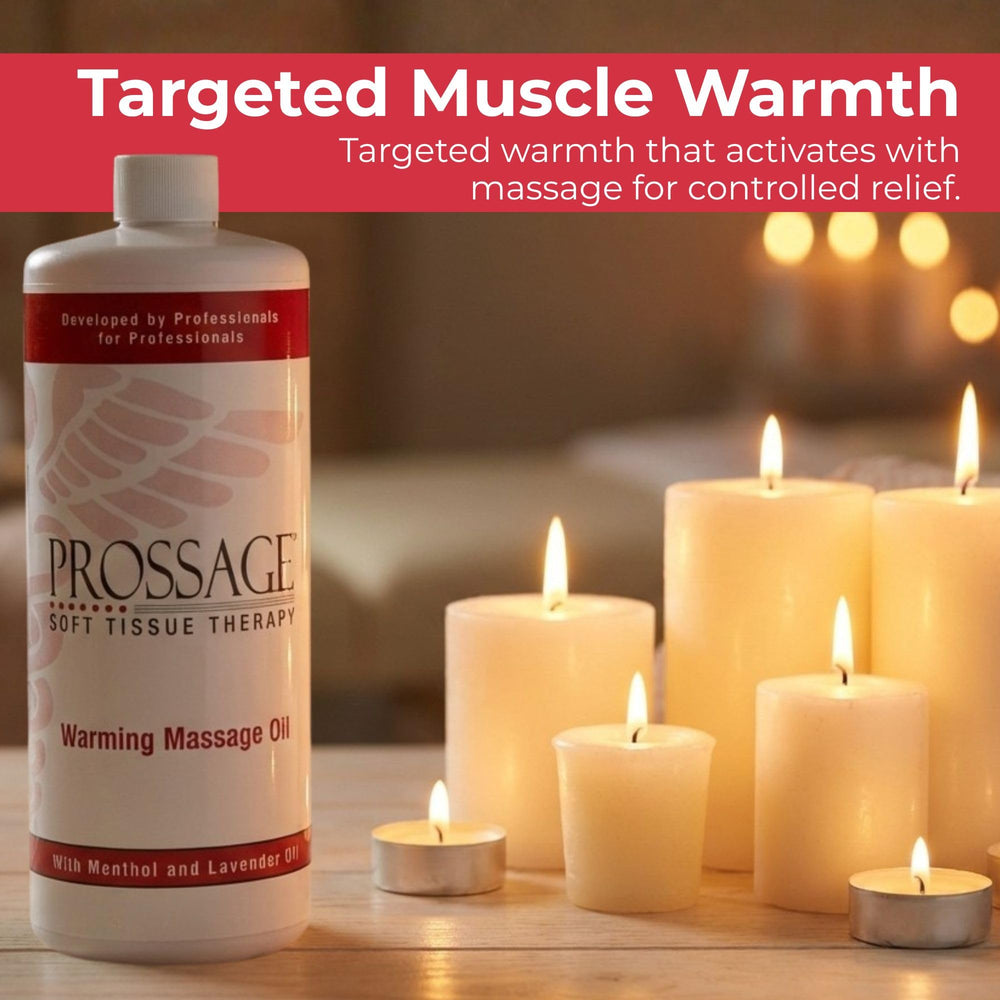 Prossage Heat Oil used in professional massage practice to ease muscle tension.