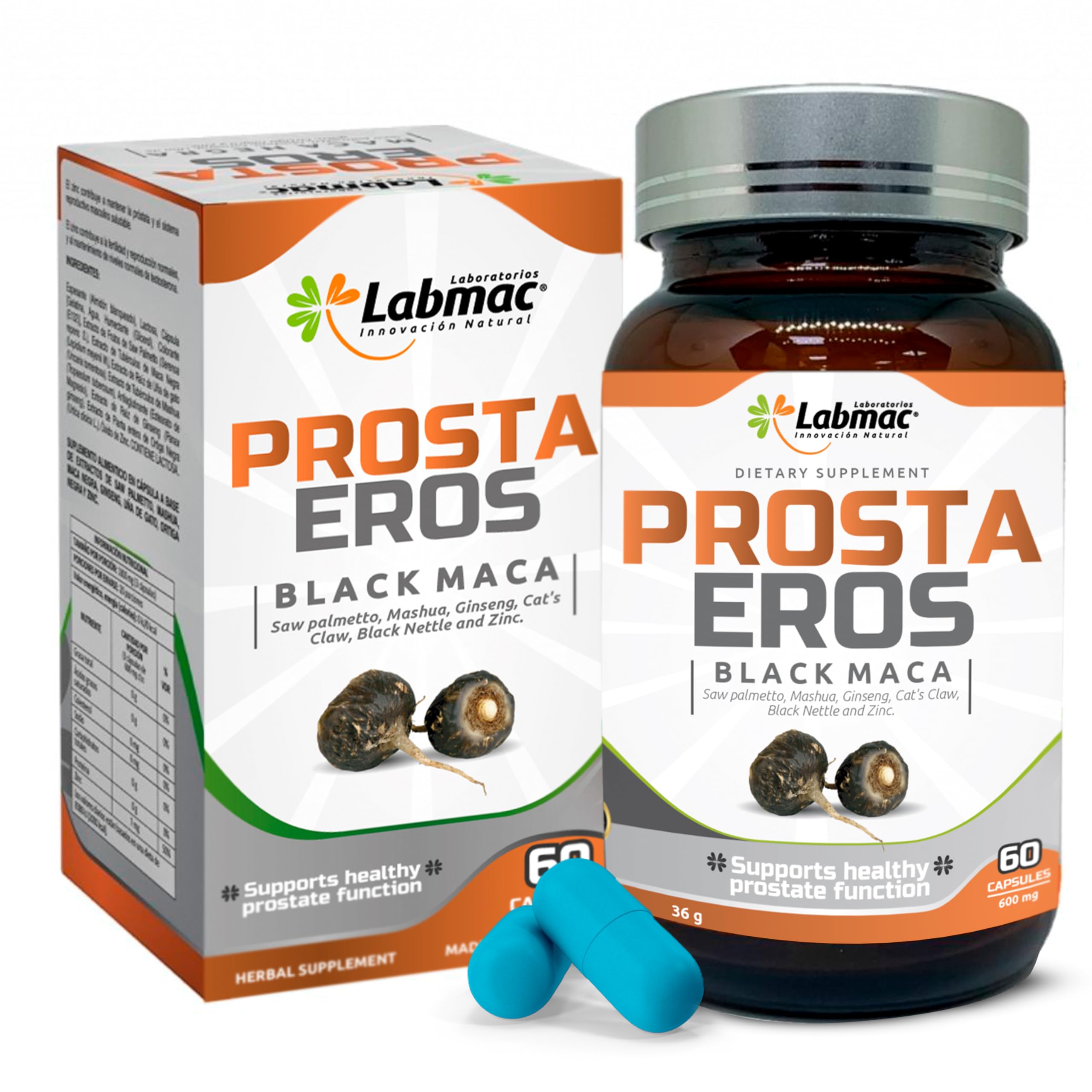 Prosta Eros bottle and capsules for prostate support and daily wellness.