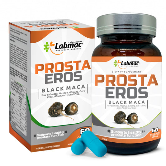 Prosta Eros bottle and capsules for prostate support and daily wellness.
