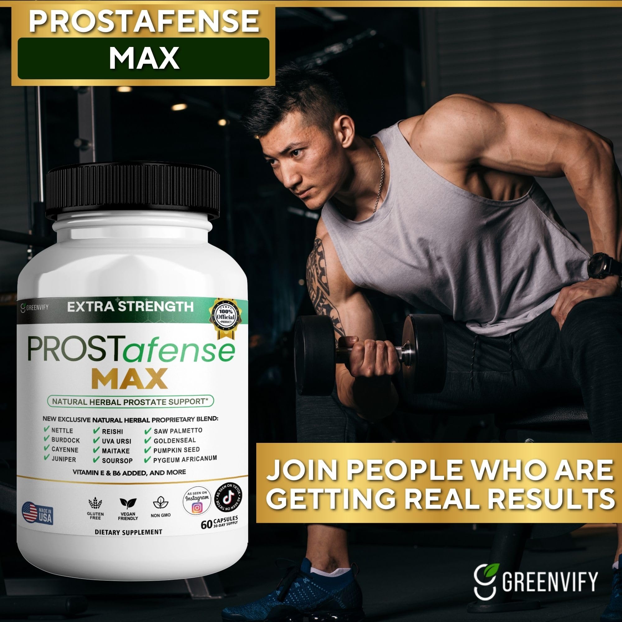 Prostafense Max packaging emphasizes gluten-free and vegan formulation.