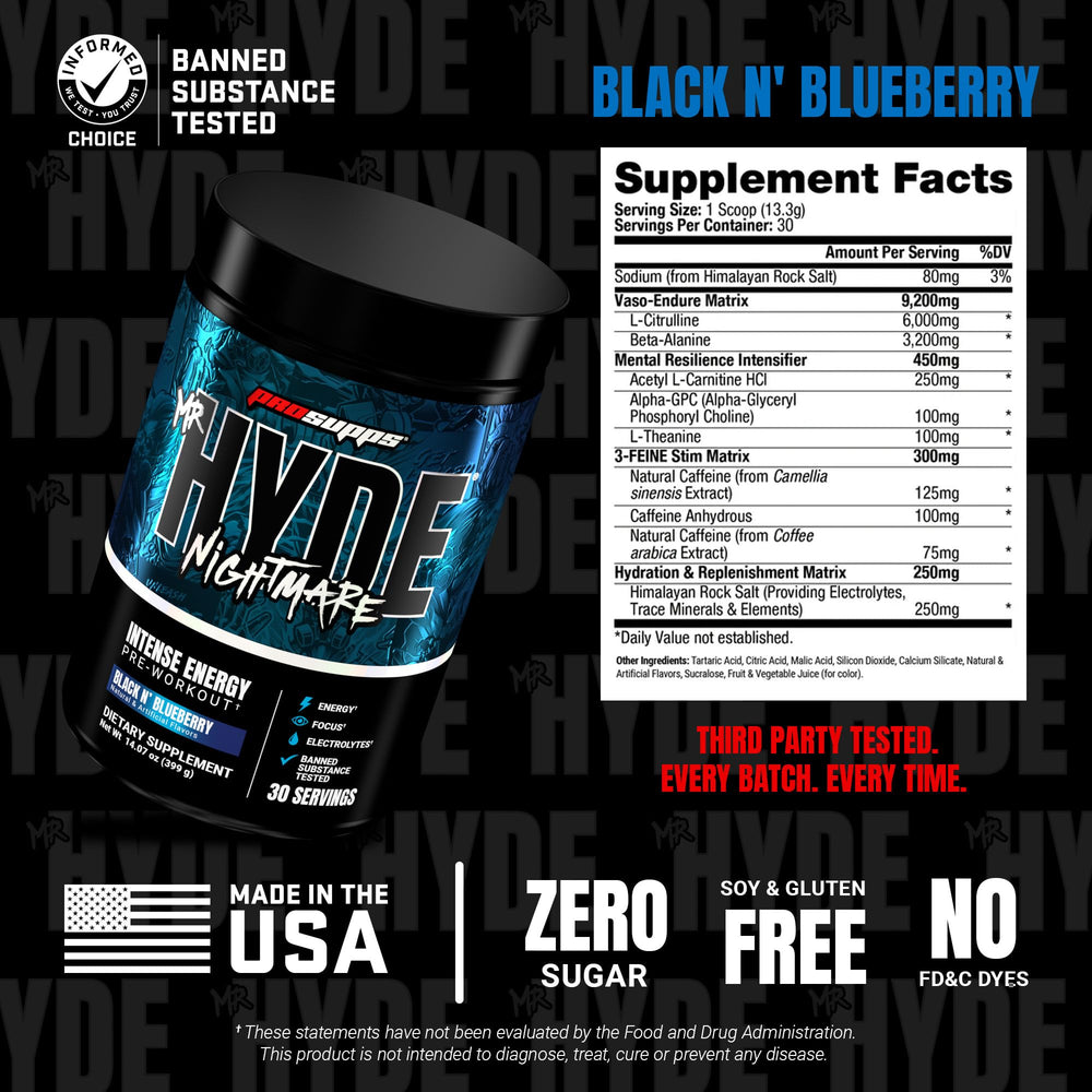 Glass of PROSUPPS Mr Hyde Nightmare with black n blueberry flavor