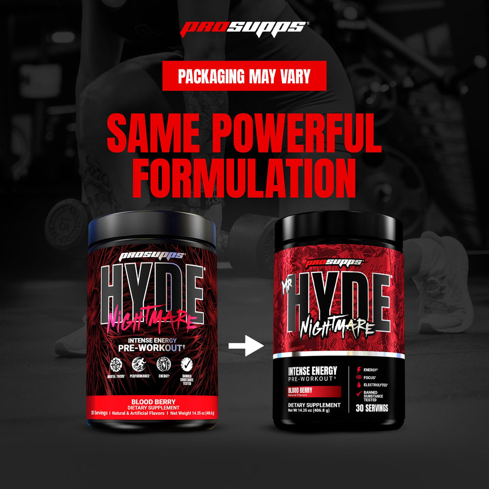 Pouring Mr. Hyde Nightmare powder into water creates a vibrant Blood Berry mix