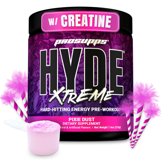 PROSUPPS Mr Hyde Xtreme pixie dust powder in jar highlighting energy boost and flavor