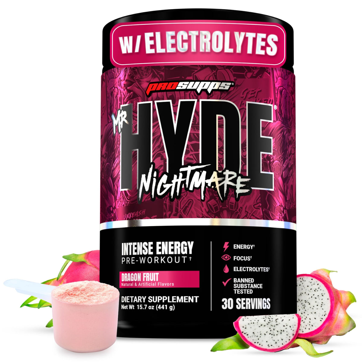PROSUPPS Mr Hyde Nightmare tub front with dragon fruit flavor and bold branding