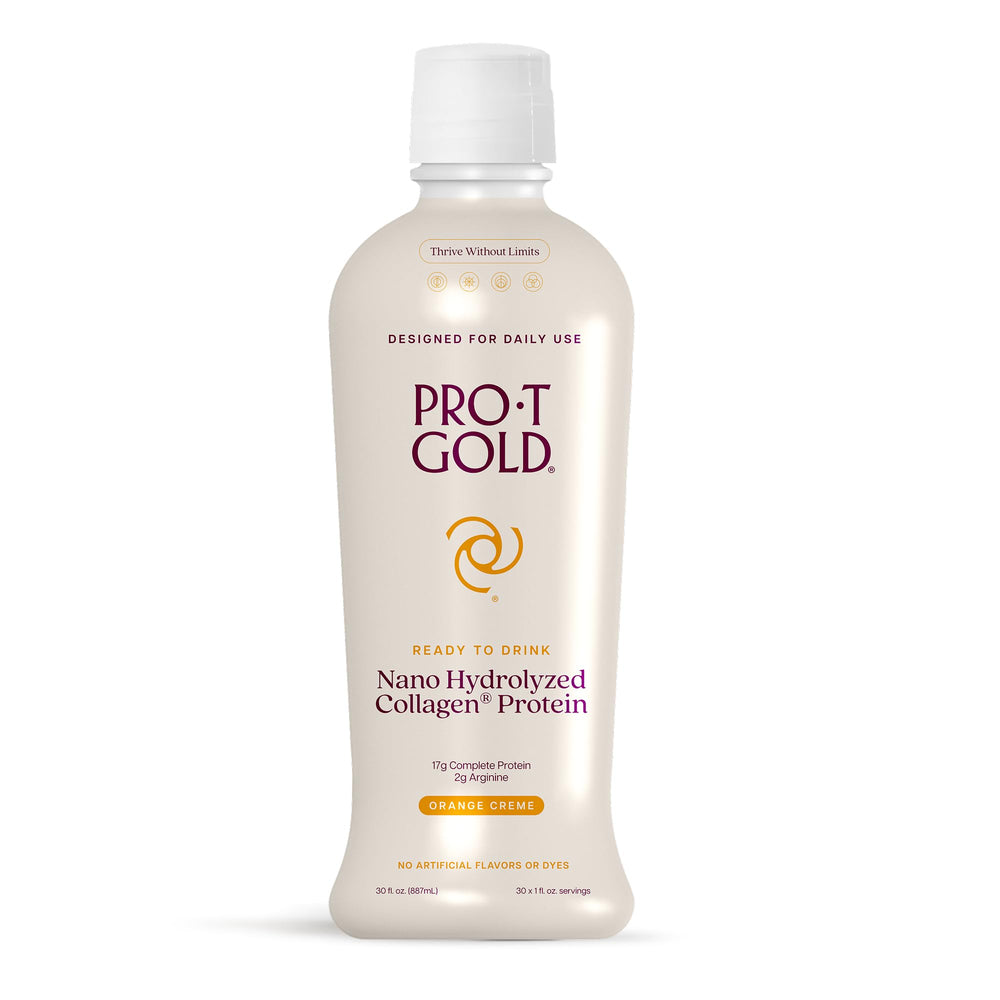ProT Gold liquid collagen shot bottle delivers 17g protein per serving for quick nourishment.