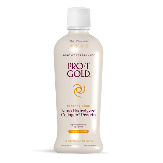 ProT Gold liquid collagen shot bottle delivers 17g protein per serving for quick nourishment.
