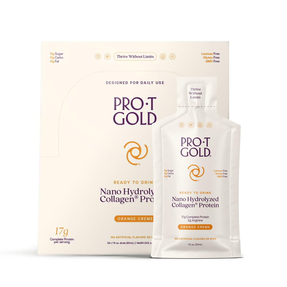 ProT Gold liquid collagen shot orange creme bottle for quick post-workout protein.