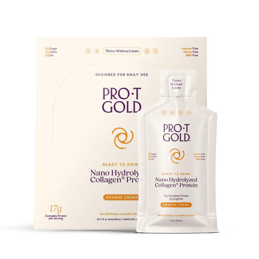 ProT Gold liquid collagen shot orange creme bottle for quick post-workout protein.