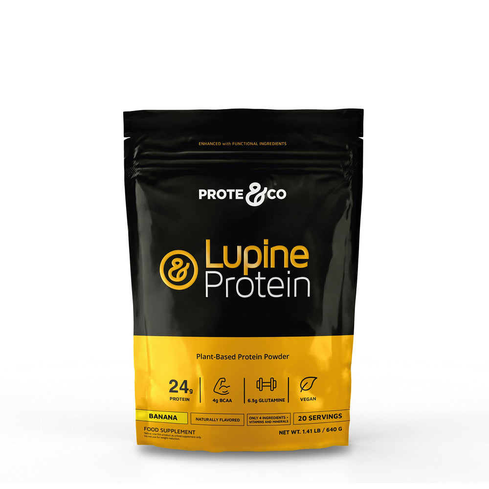 Prote&Co Lupin Protein banana canister front view, vegan protein powder for workouts.