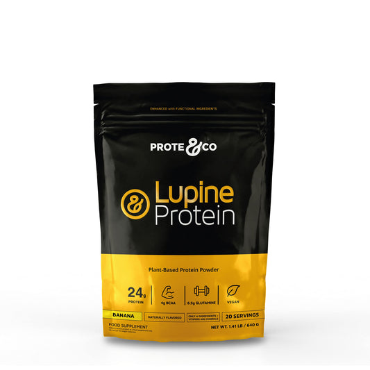 Prote&Co Lupin Protein banana canister front view, vegan protein powder for workouts.