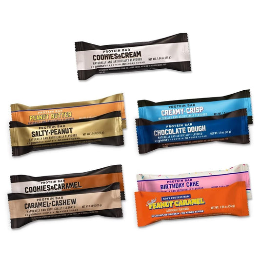 Protein Bar Variety Pack Sampler front view, showing assorted flavors for on-the-go energy