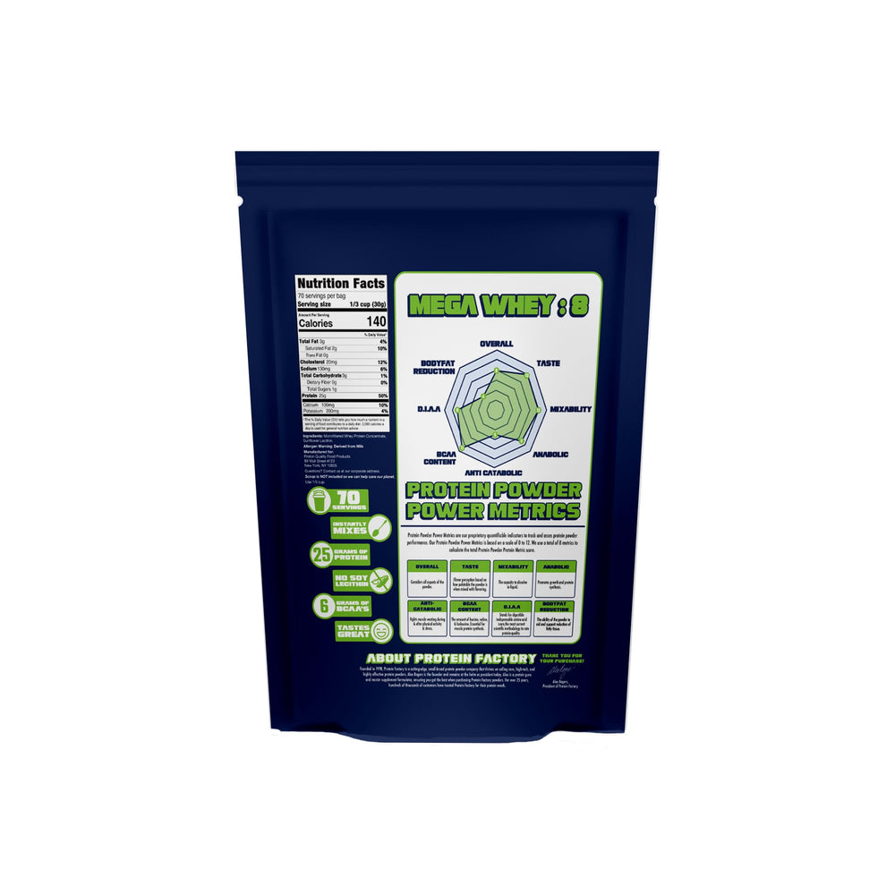 Protein Factory Mega Whey in a shaker for fast, sugar-free mixing.