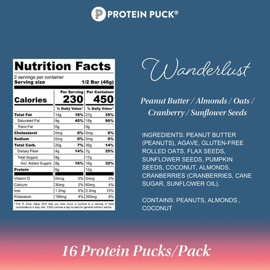 Protein Puck bar cross-section reveals nuts, seeds, and dried fruit