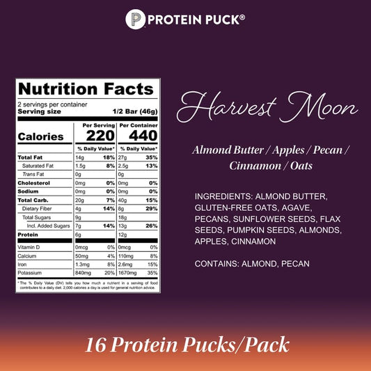 Protein Puck plant-based bar close-up with nuts and seeds for energy.