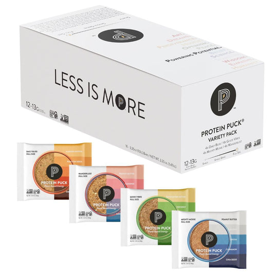 Protein Puck variety pack box showing four flavors for versatile snacking