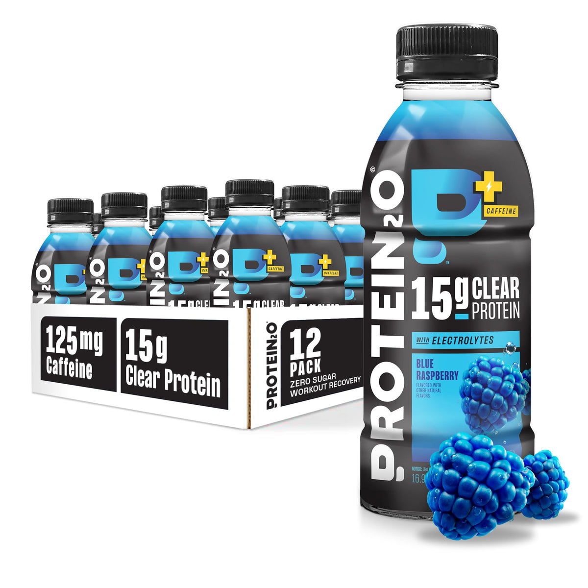 Protein2o Blue Raspberry bottle showing clear hydration with electrolytes.