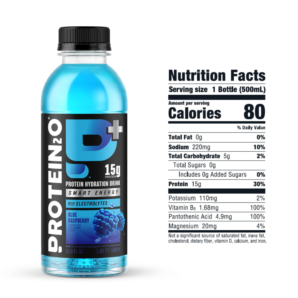 Protein2o Blue Raspberry pour illustrating refreshing energy and focus.