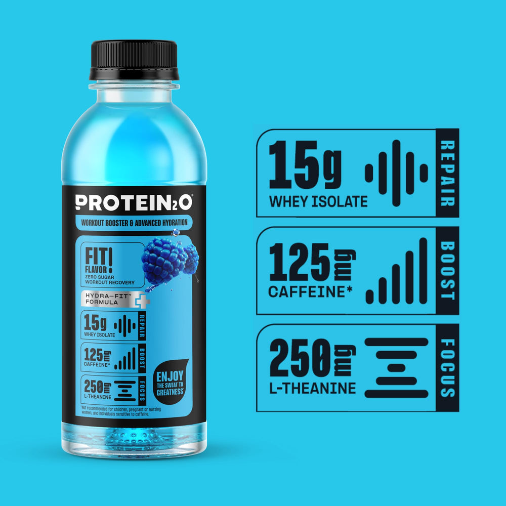 Protein2o caffeine energy boost label suggesting daytime alertness.