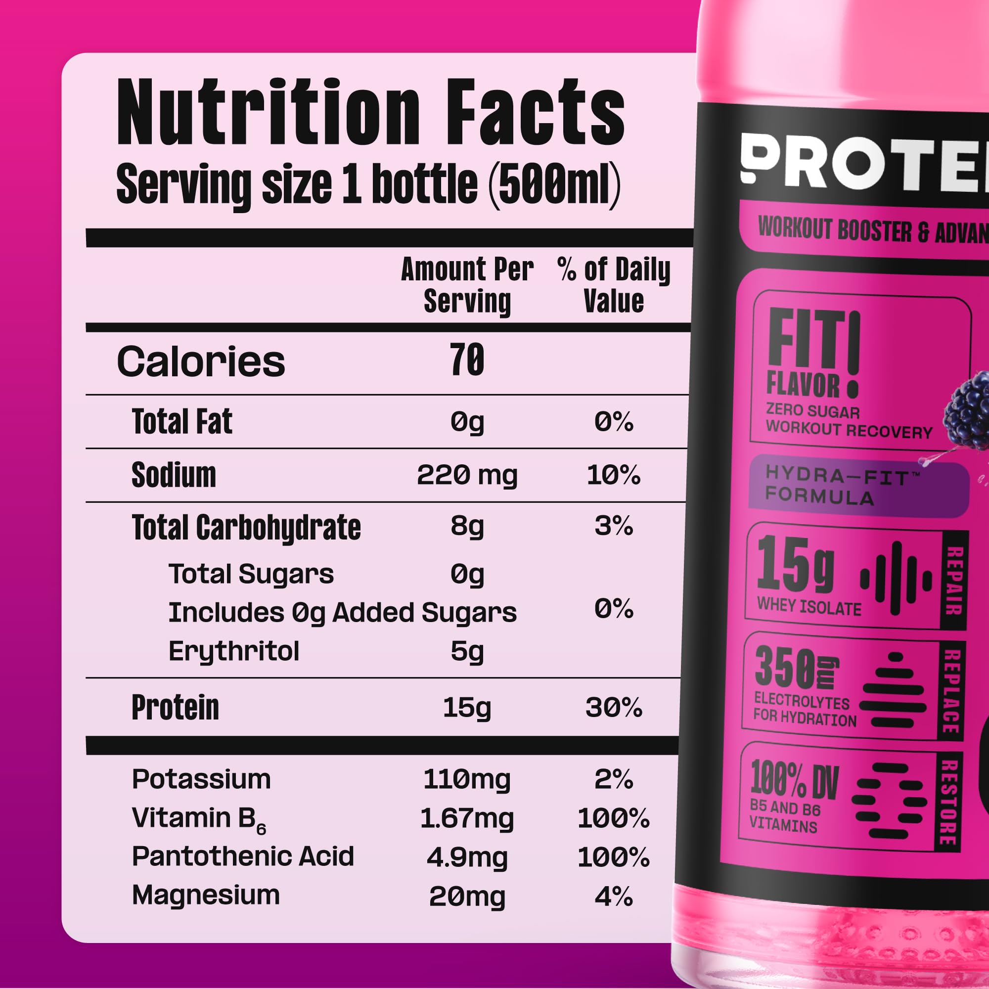 Protein2o clear protein water pour showing refreshing, zero-sugar hydration during workouts