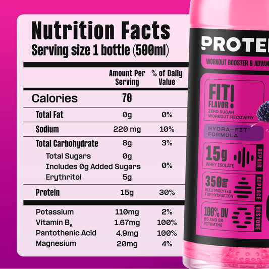 Protein2o clear protein water pour showing refreshing, zero-sugar hydration during workouts
