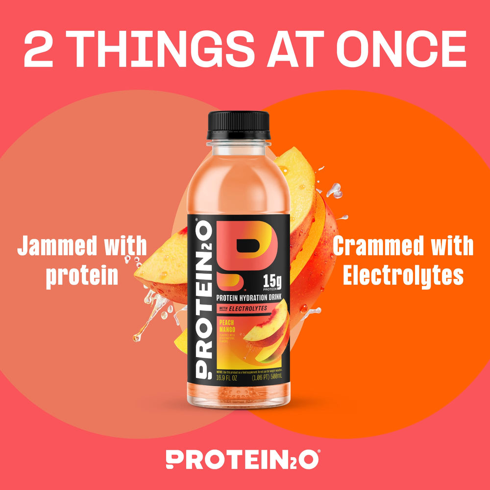 Protein2o label closeup highlighting 15g whey and zero added sugar