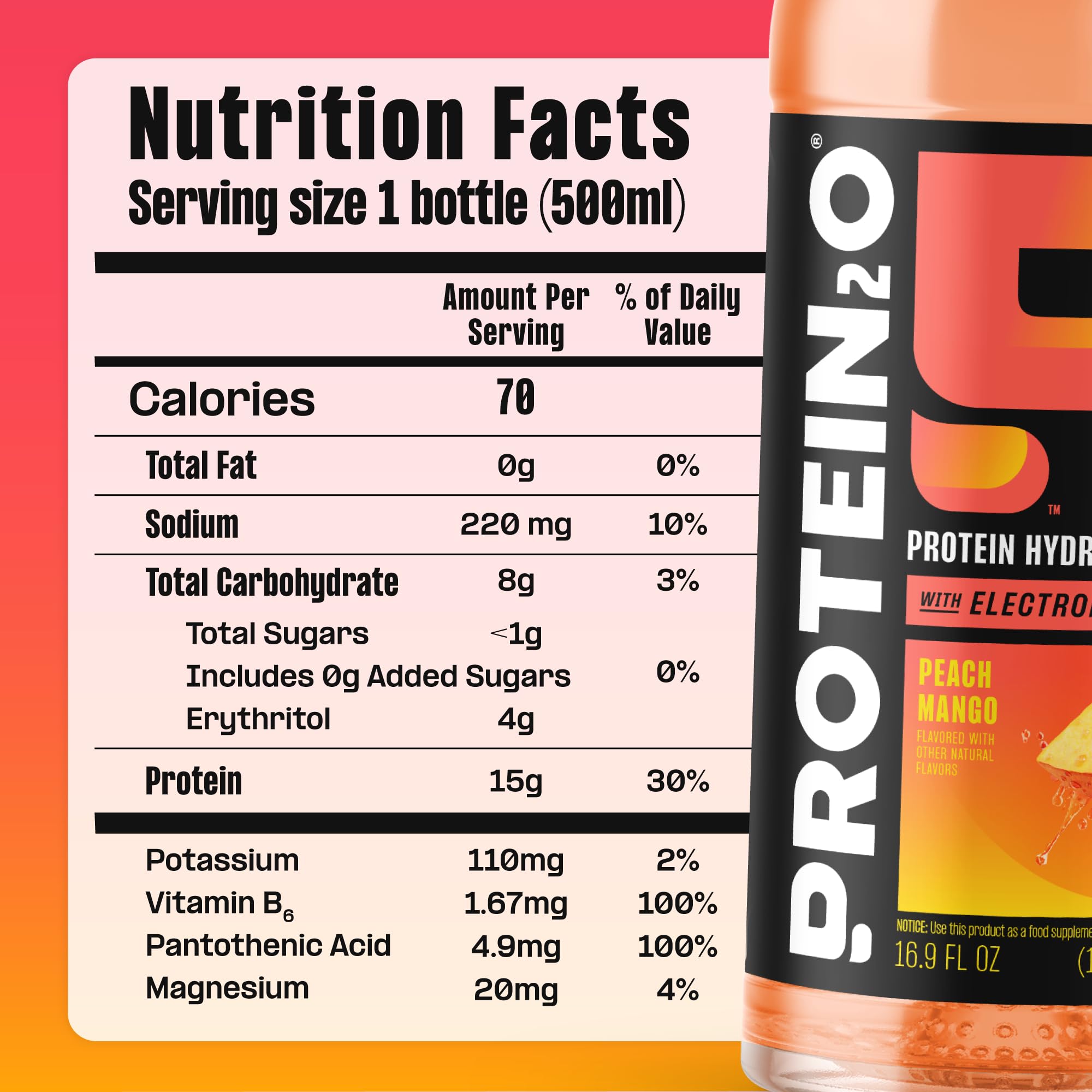 Protein2o Peach Mango being poured into a glass for quick protein boost