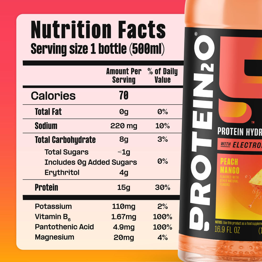 Protein2o Peach Mango being poured into a glass for quick protein boost