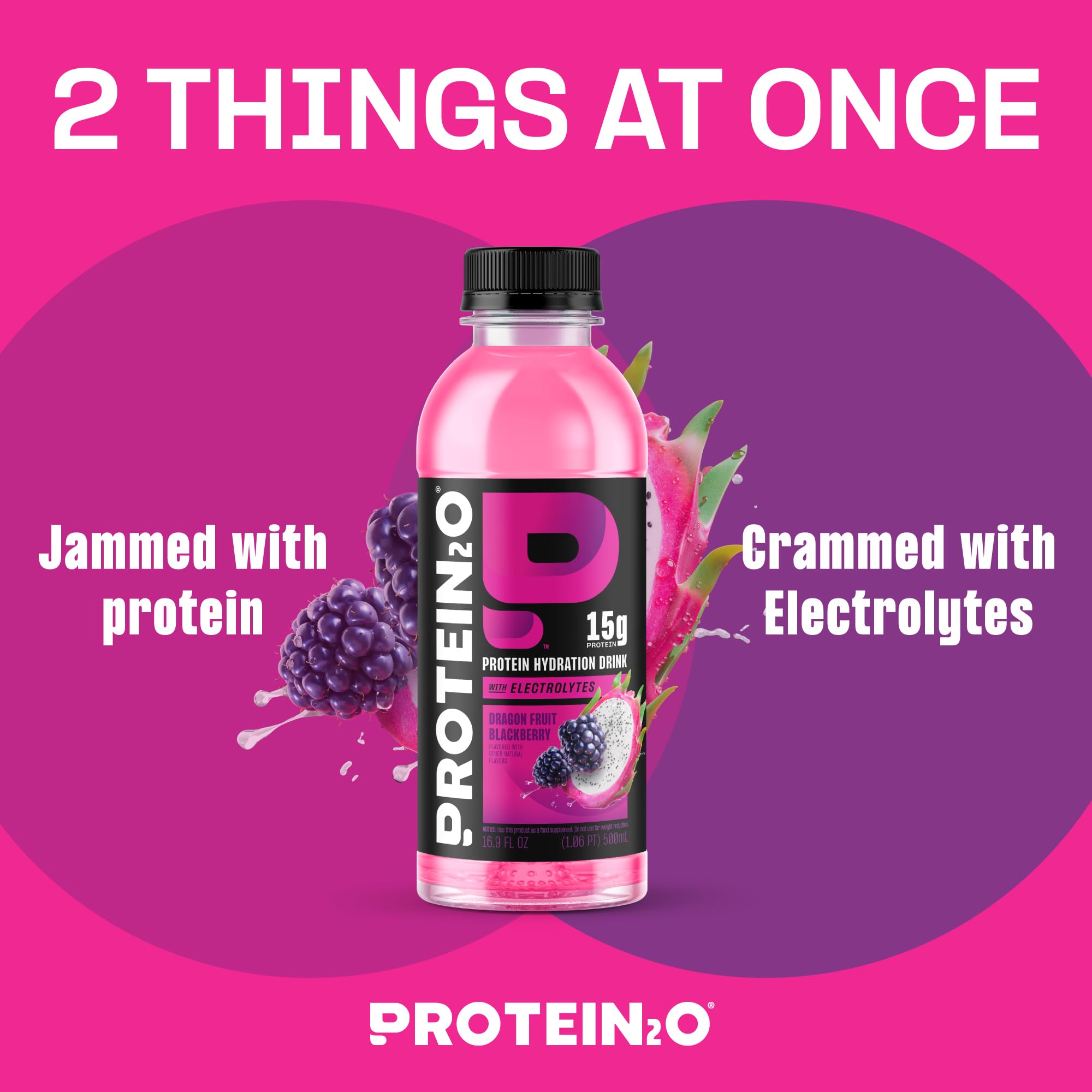 Protein2o bottle label highlights 15g whey protein isolate and electrolytes for recovery