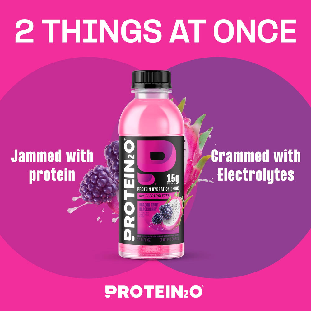 Protein2o bottle label highlights 15g whey protein isolate and electrolytes for recovery