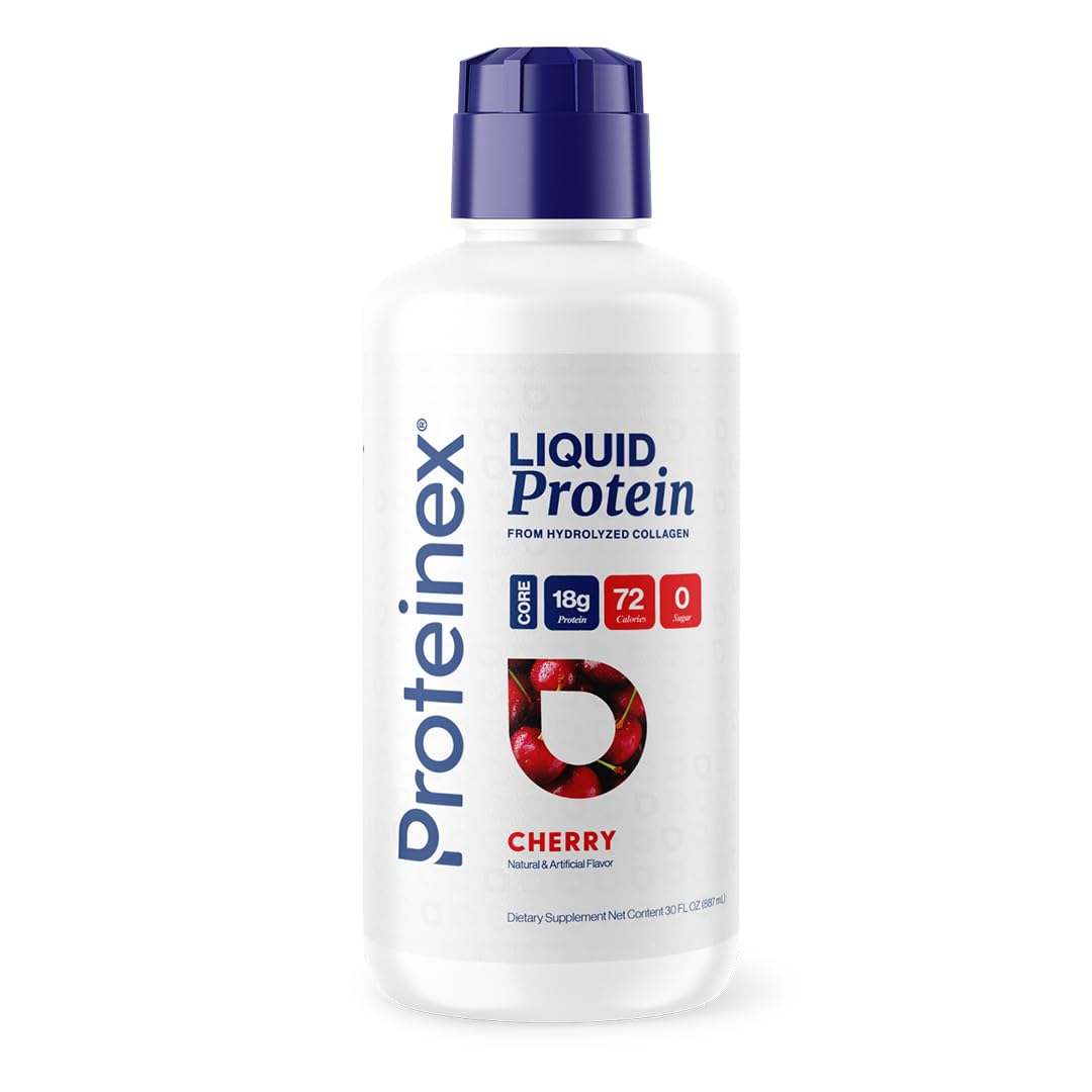 Proteinex Core cherry bottle shows convenient, on-the-go liquid protein with high absorption.