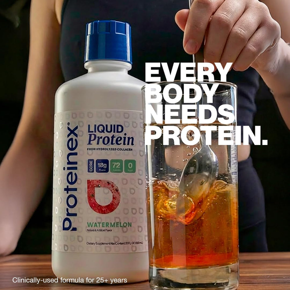 Proteinex store display featuring the watermelon collagen bottle.