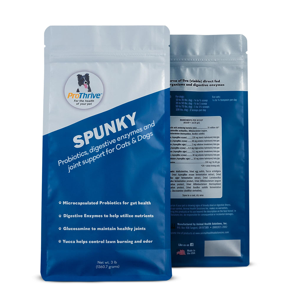 ProThrive Spunky bottle front showing digestive supplement for pets.